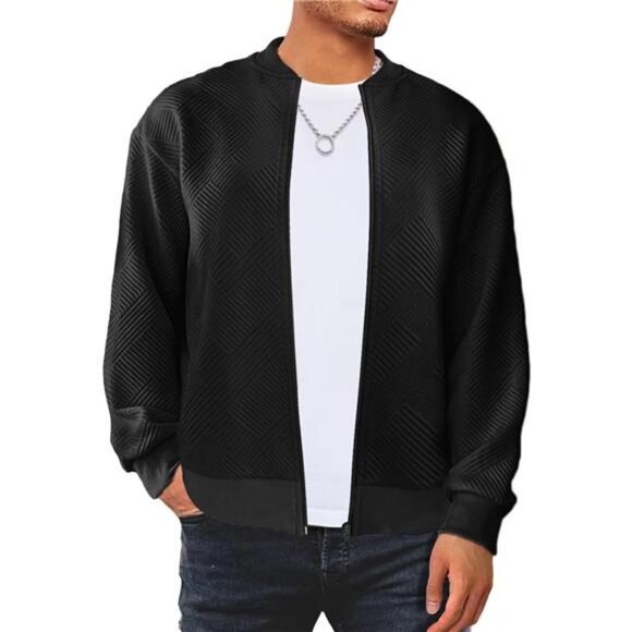 Men's Lightweight Casual Jackets Textured Lines Sweatshirt Bomber Varsity Coat